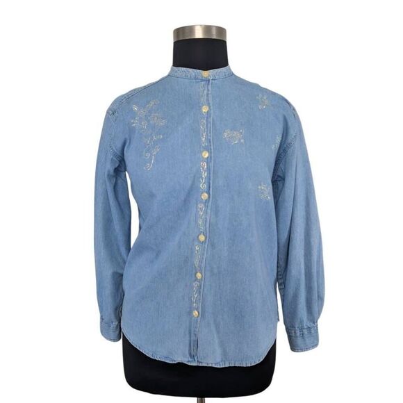 Bill Blass L Denim Chambray Button Down Jean Top 80s VTG Puff Paint Western - Picture 1 of 7